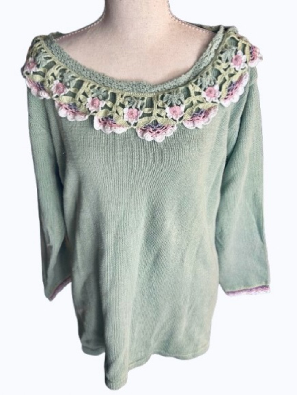 Vintage STORYBOOK KNIT Sweater Cotton Floral Pearl Crocheted Fairy Boho Cottage